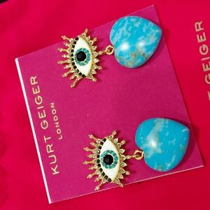 KURT GEIGER LONDON Blue Evil Eye & Heart Drop Hoop Earrings
